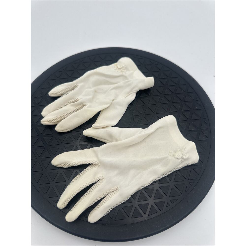 VTG Dress Gloves Little Girl Stretch Nylon Beige White w/ Flowers Small